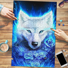 White Wolf Blue Rose Jigsaw Puzzle