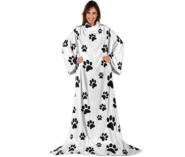 Paw Prints Adult Sleeve Blanket- White