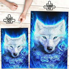 White Wolf Blue Rose Jigsaw Puzzle