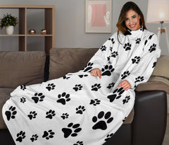 Paw Prints Adult Sleeve Blanket- White