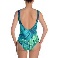 Turquoise & Green Tropical Leaves Design Swimsuit